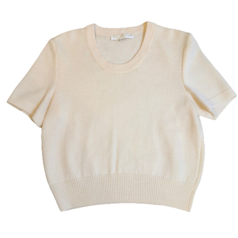 St. John Basics Women’s Ivory Knit Short Sleeve Sweater Top Size P